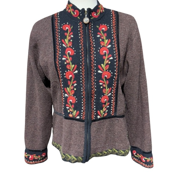 Icelandic Designs Wool Zip Floral Cardigan Small Velvet Trim Metal Accents Artsy - Picture 1 of 13